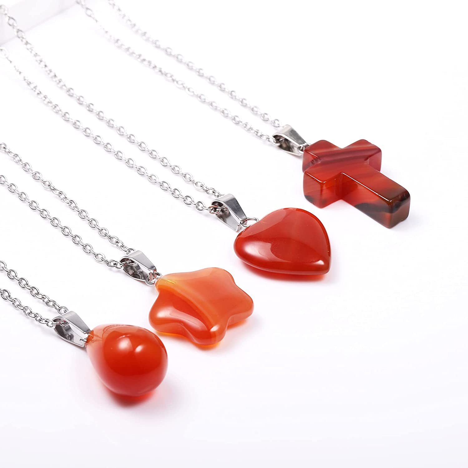 4 Pieces Carnelian Agate Necklaces Set Red Agate Pendant Necklace for Women | Heart Star Cross Teardrop Carnelian Necklace for Girls