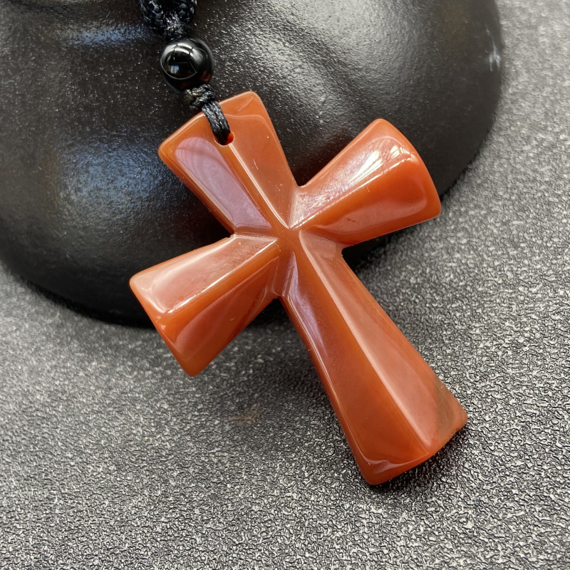 Hand Carved Gemstone Cross Pendant Necklace for Men & Women with Adjustable Rope Jewelry