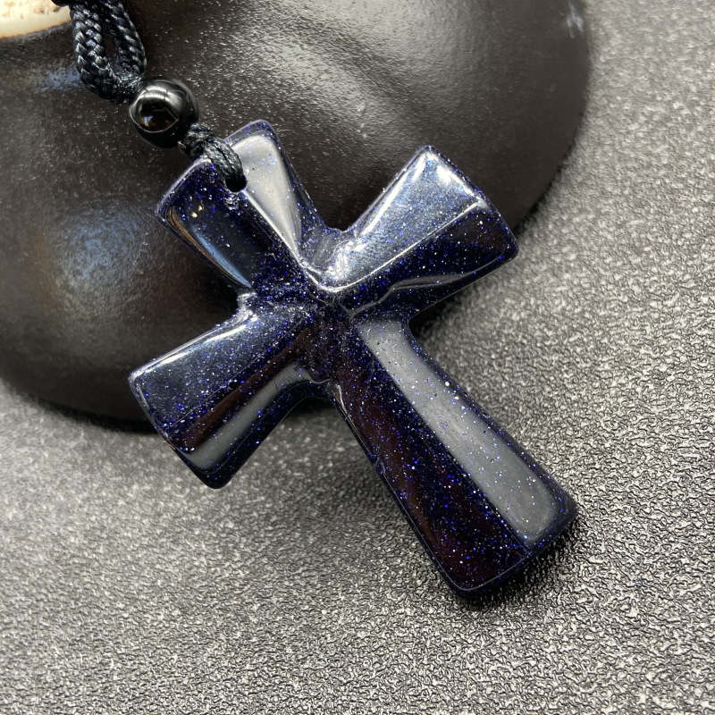 Hand Carved Gemstone Cross Pendant Necklace for Men & Women with Adjustable Rope Jewelry