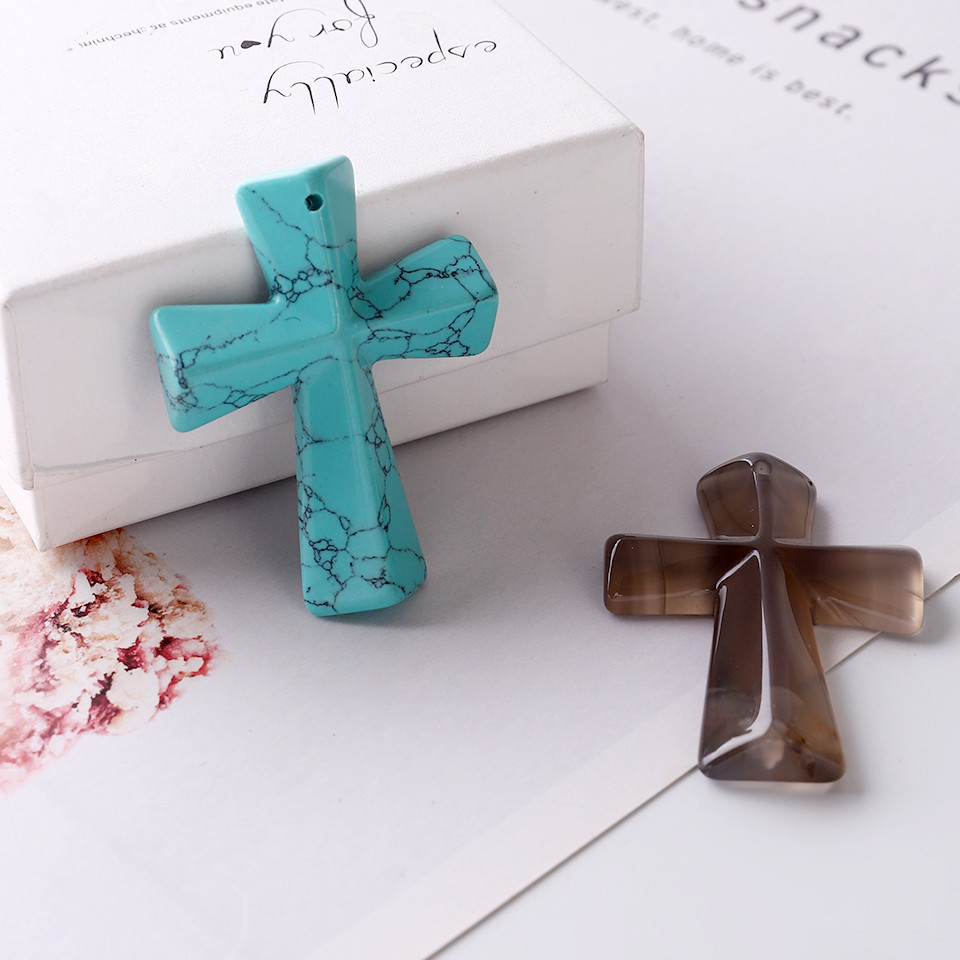 Hand Carved Gemstone Cross Pendant Necklace for Men & Women with Adjustable Rope Jewelry