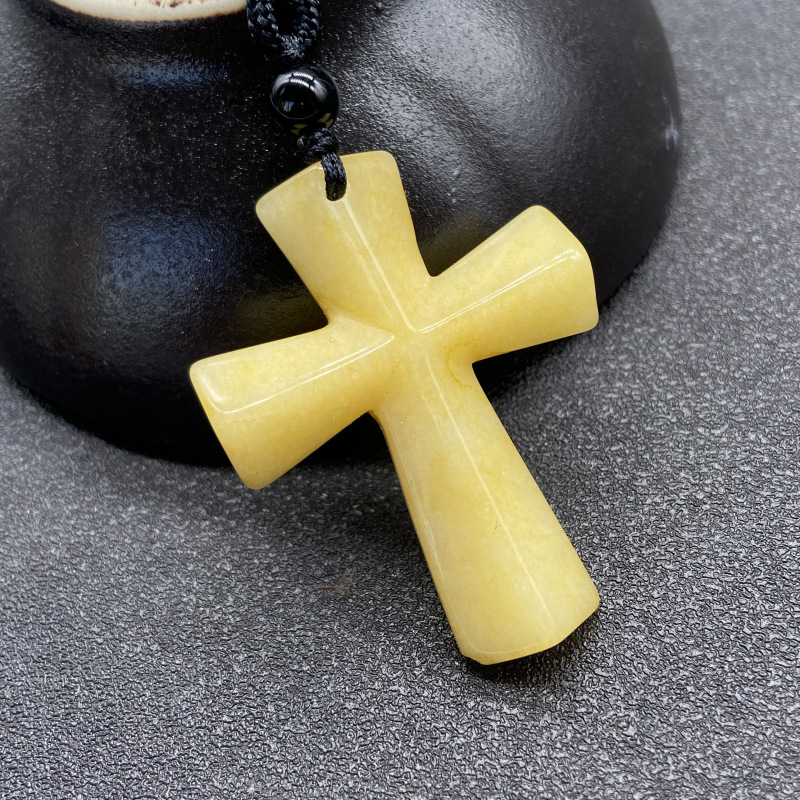 Hand Carved Gemstone Cross Pendant Necklace for Men & Women with Adjustable Rope Jewelry