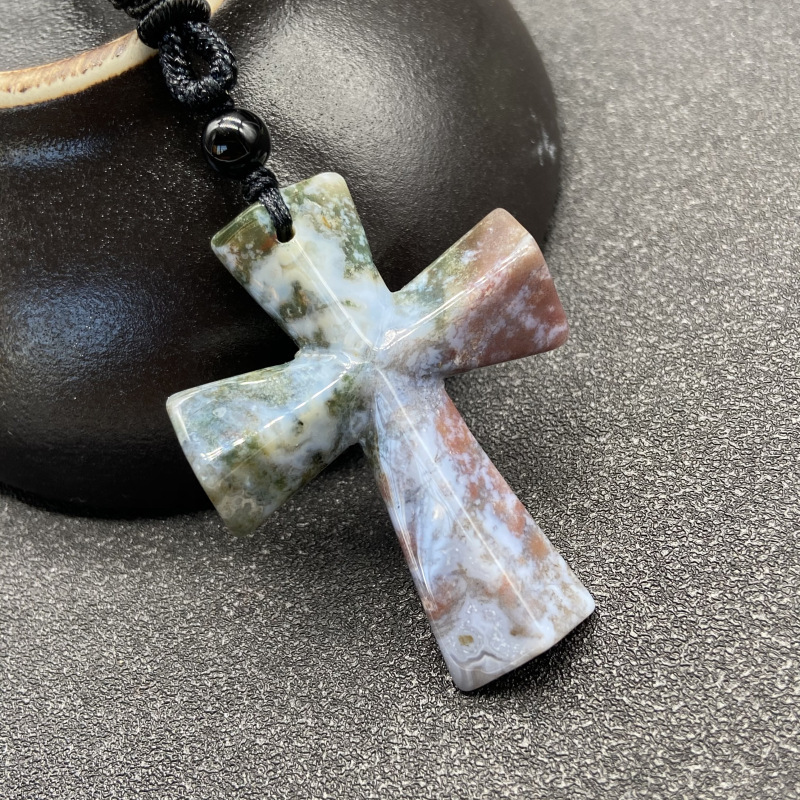 Hand Carved Gemstone Cross Pendant Necklace for Men & Women with Adjustable Rope Jewelry