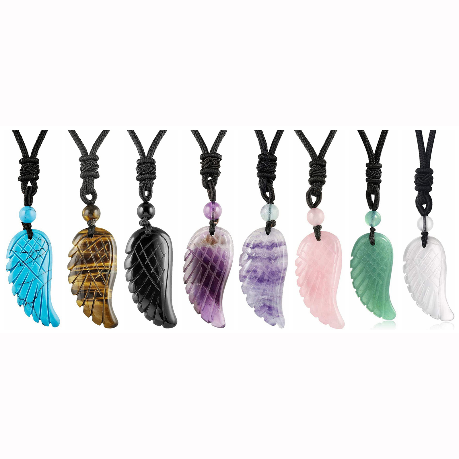 Angel Wing Crystal Pendant Necklaces Adjustable Rope Reiki Healing Stone Natural Gemstone Necklace for Women Men