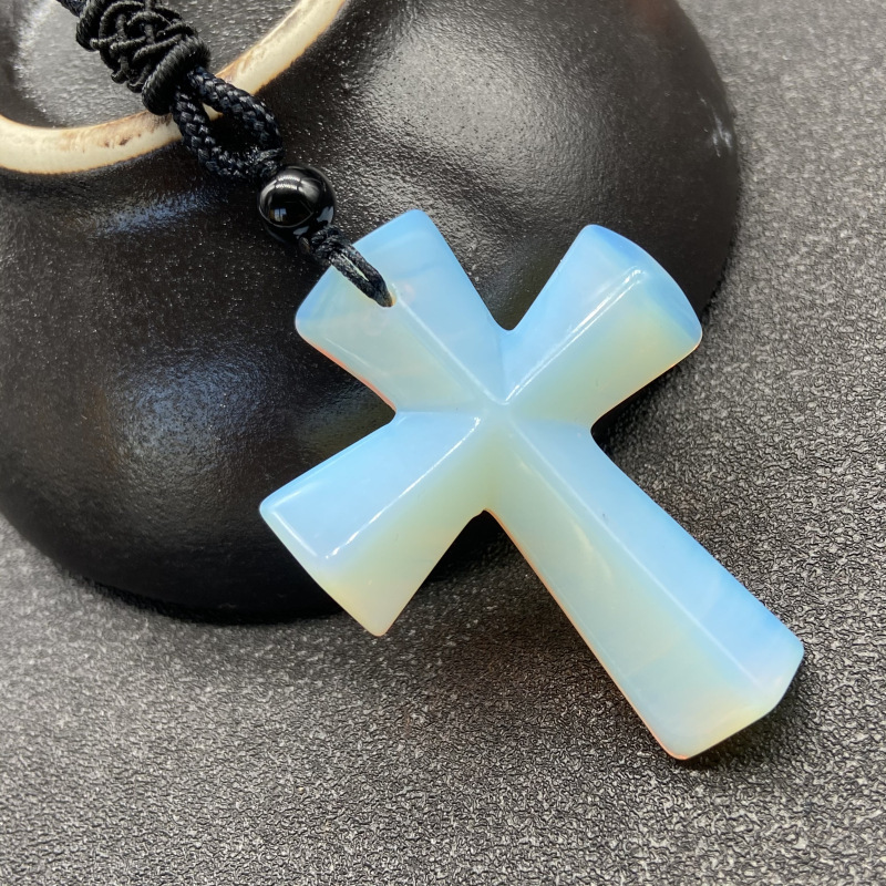 Hand Carved Gemstone Cross Pendant Necklace for Men & Women with Adjustable Rope Jewelry