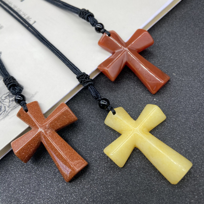 Hand Carved Gemstone Cross Pendant Necklace for Men & Women with Adjustable Rope Jewelry
