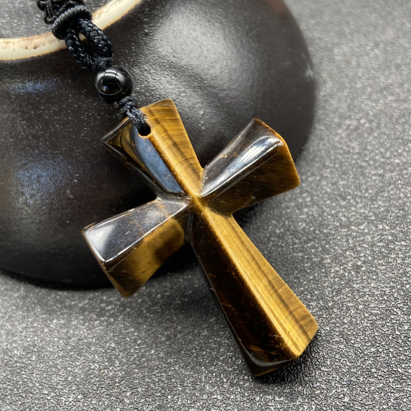 Hand Carved Gemstone Cross Pendant Necklace for Men & Women with Adjustable Rope Jewelry