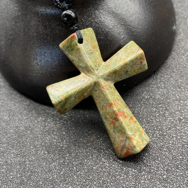Hand Carved Gemstone Cross Pendant Necklace for Men & Women with Adjustable Rope Jewelry