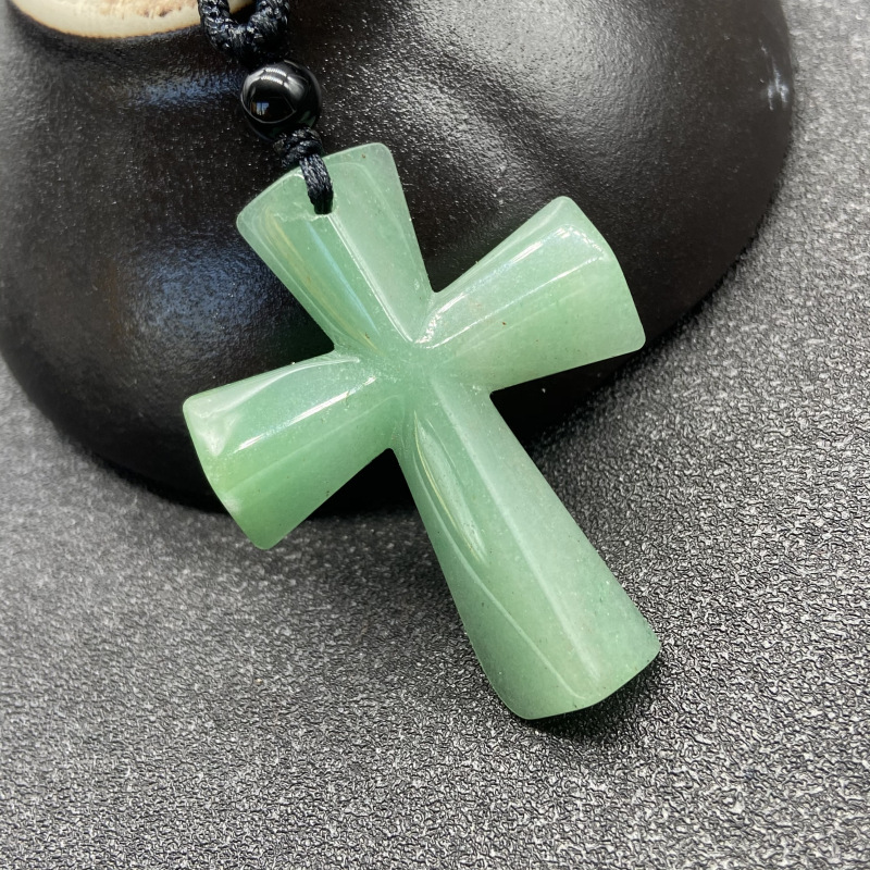 Hand Carved Gemstone Cross Pendant Necklace for Men & Women with Adjustable Rope Jewelry