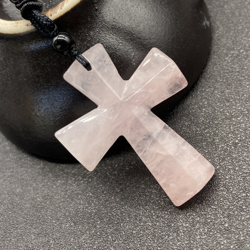 Hand Carved Gemstone Cross Pendant Necklace for Men & Women with Adjustable Rope Jewelry