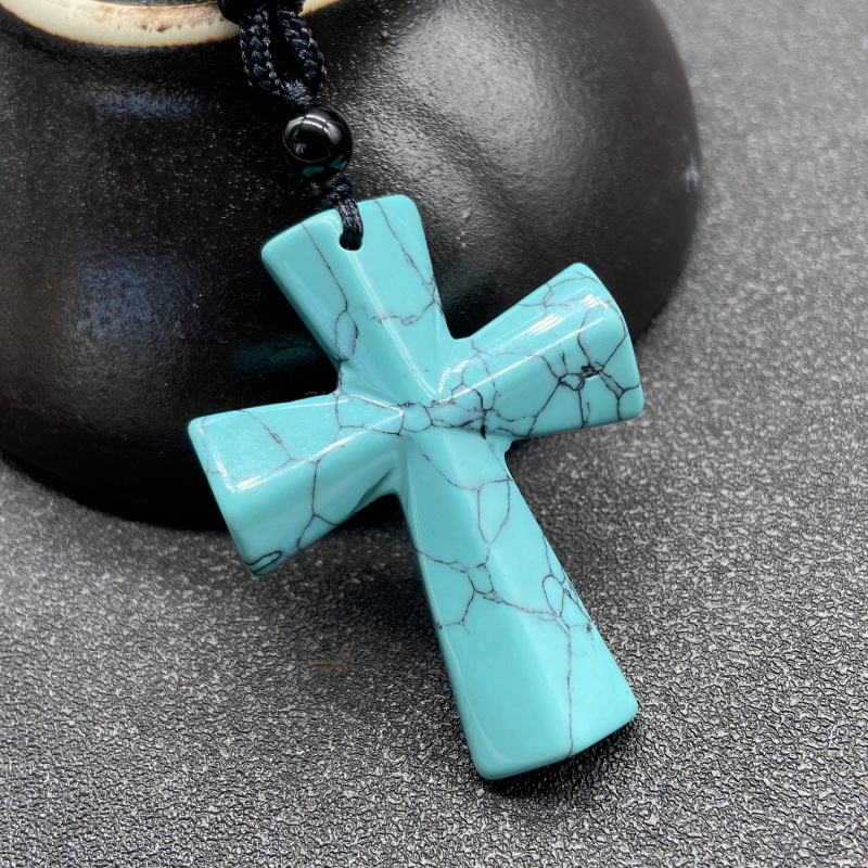 Hand Carved Gemstone Cross Pendant Necklace for Men & Women with Adjustable Rope Jewelry