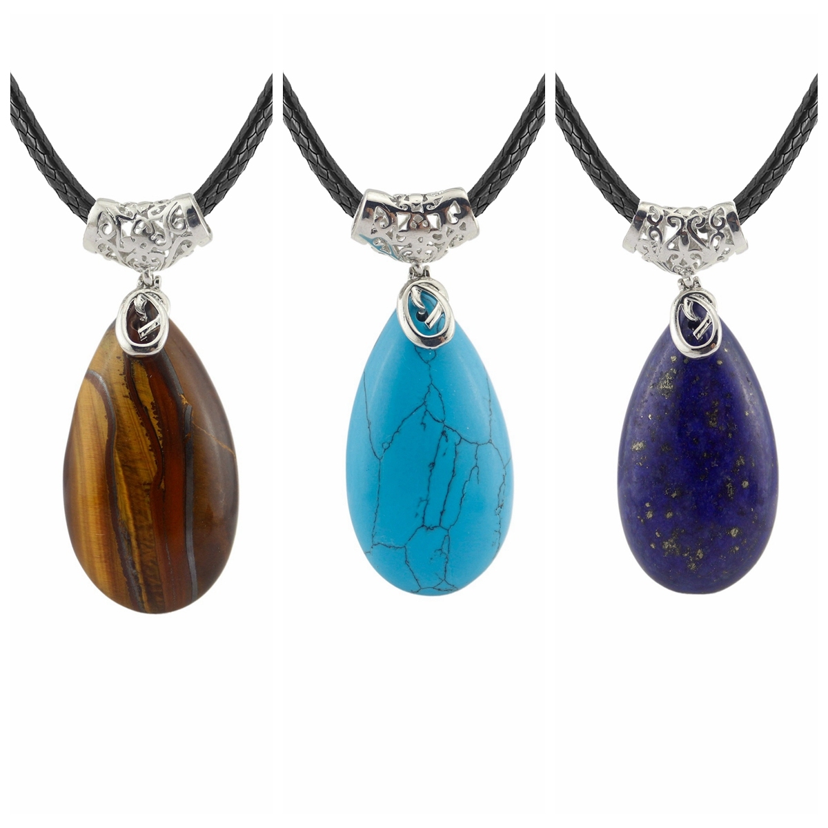 Natural Healing Crystal Waterdrop Pendant Necklace for Women 18" Black Leather Cord  Teardrop Gemstone Jewelry
