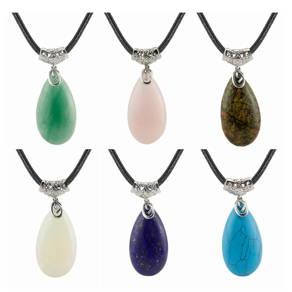 Natural Healing Crystal Waterdrop Pendant Necklace for Women 18" Black Leather Cord  Teardrop Gemstone Jewelry