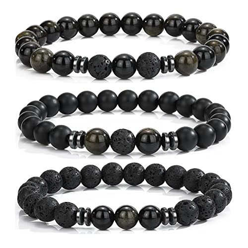 3PCS Set Mens Beaded Bracelets Matte Lava Rock Volcanic Stone Beads for Women Stretch Bracelet