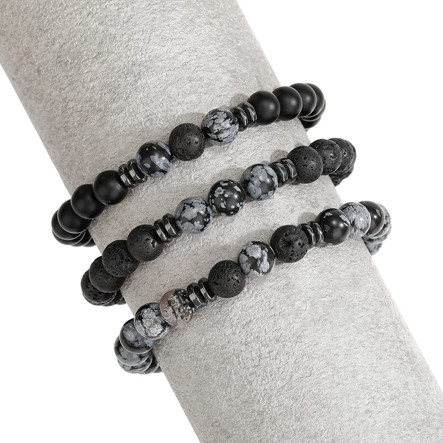 3PCS Set Mens Beaded Bracelets Matte Lava Rock Volcanic Stone Beads for Women Stretch Bracelet