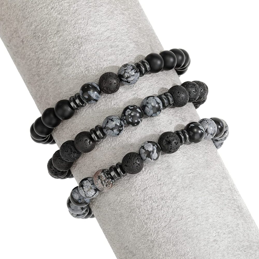 3PCS Set Mens Beaded Bracelets Matte Lava Rock Volcanic Stone Beads for Women Stretch Bracelet