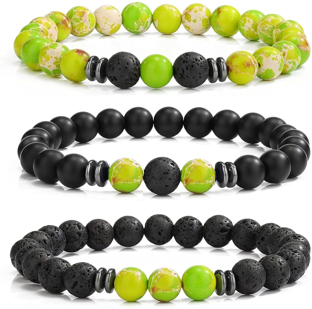 3PCS Set Mens Beaded Bracelets Matte Lava Rock Volcanic Stone Beads for Women Stretch Bracelet