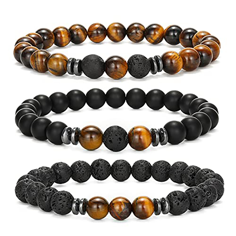 3PCS Set Mens Beaded Bracelets Matte Lava Rock Volcanic Stone Beads for Women Stretch Bracelet