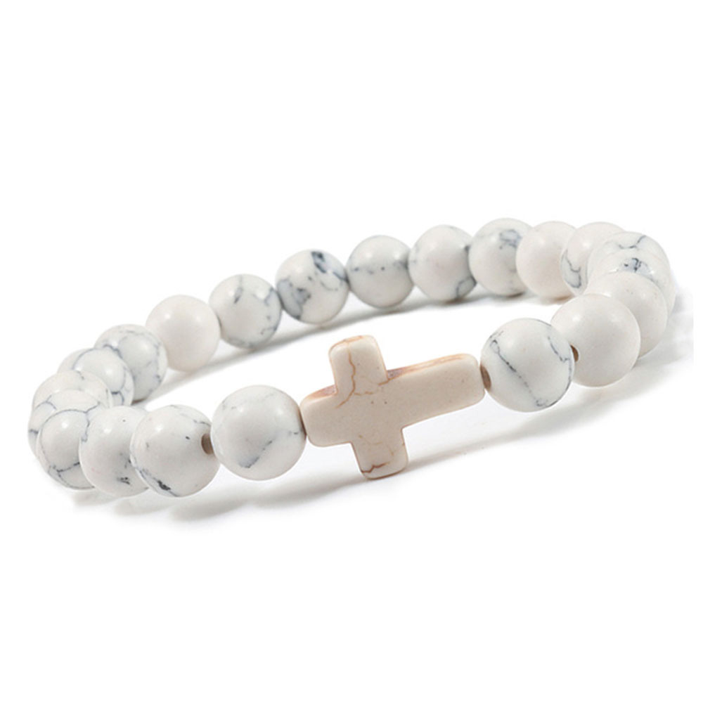 Turquoise Cross Bracelets for Women Men 8mm Natural Stone Stretch Elastic Chakra Jewelry