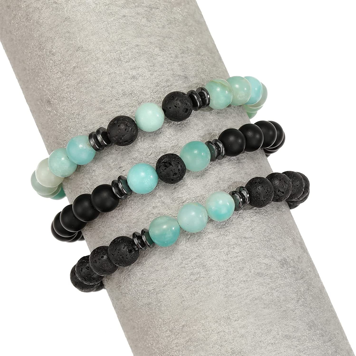 3PCS Set Mens Beaded Bracelets Matte Lava Rock Volcanic Stone Beads for Women Stretch Bracelet