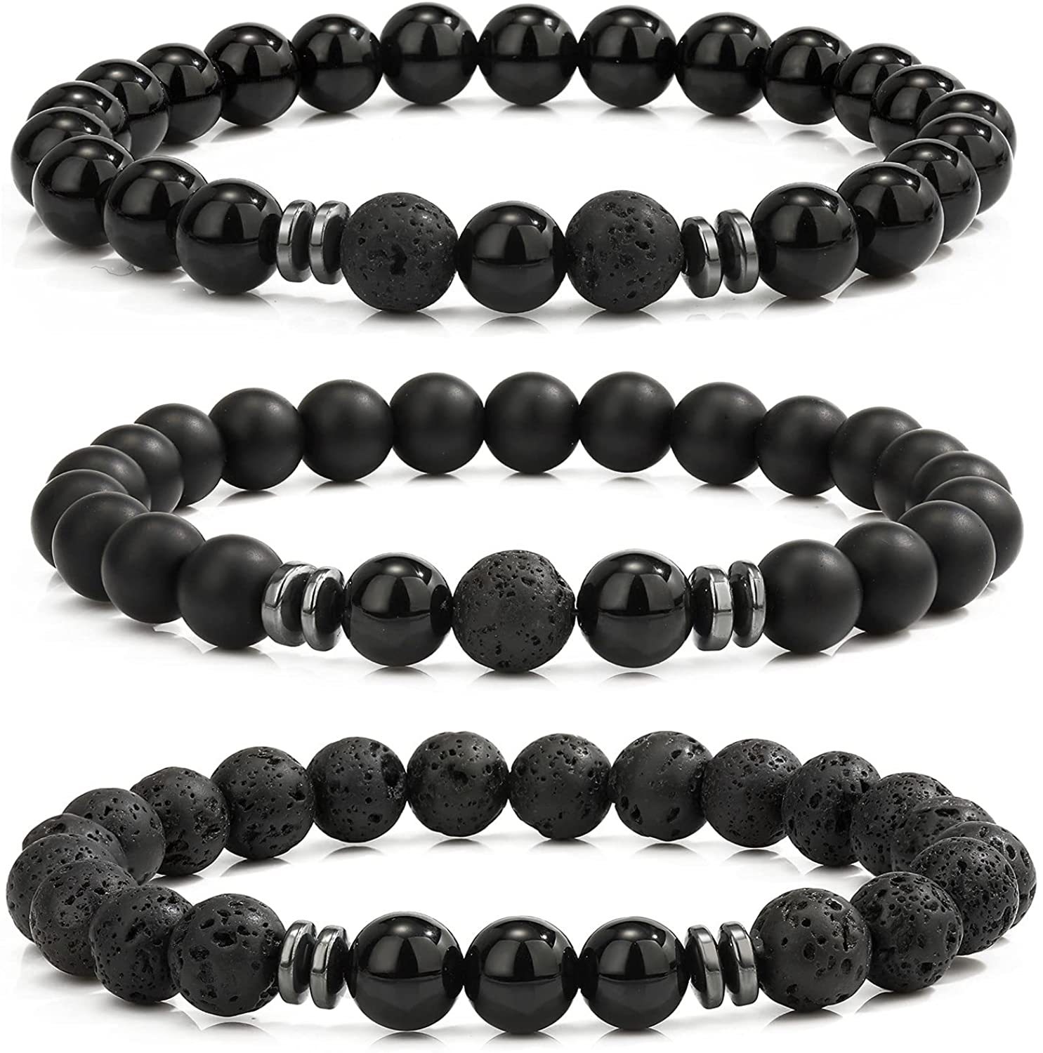 3PCS Set Mens Beaded Bracelets Matte Lava Rock Volcanic Stone Beads for Women Stretch Bracelet
