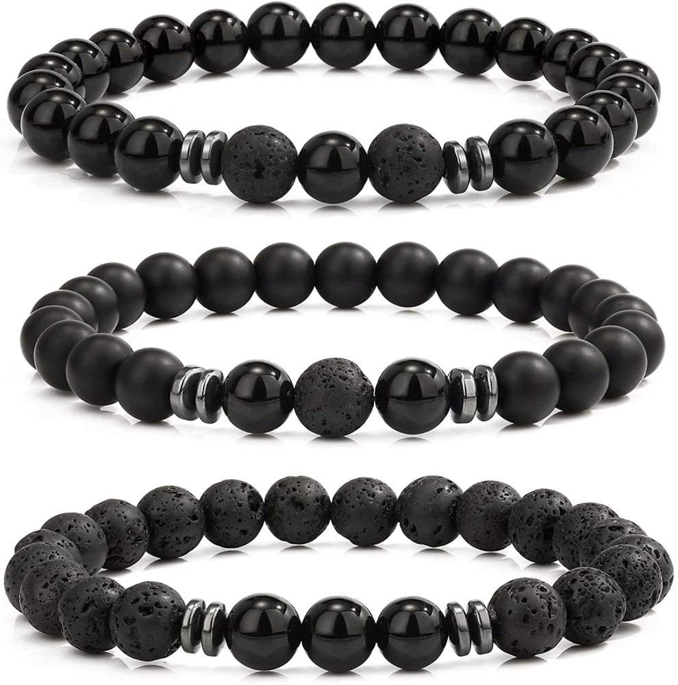 3PCS Set Mens Beaded Bracelets Matte Lava Rock Volcanic Stone Beads for Women Stretch Bracelet