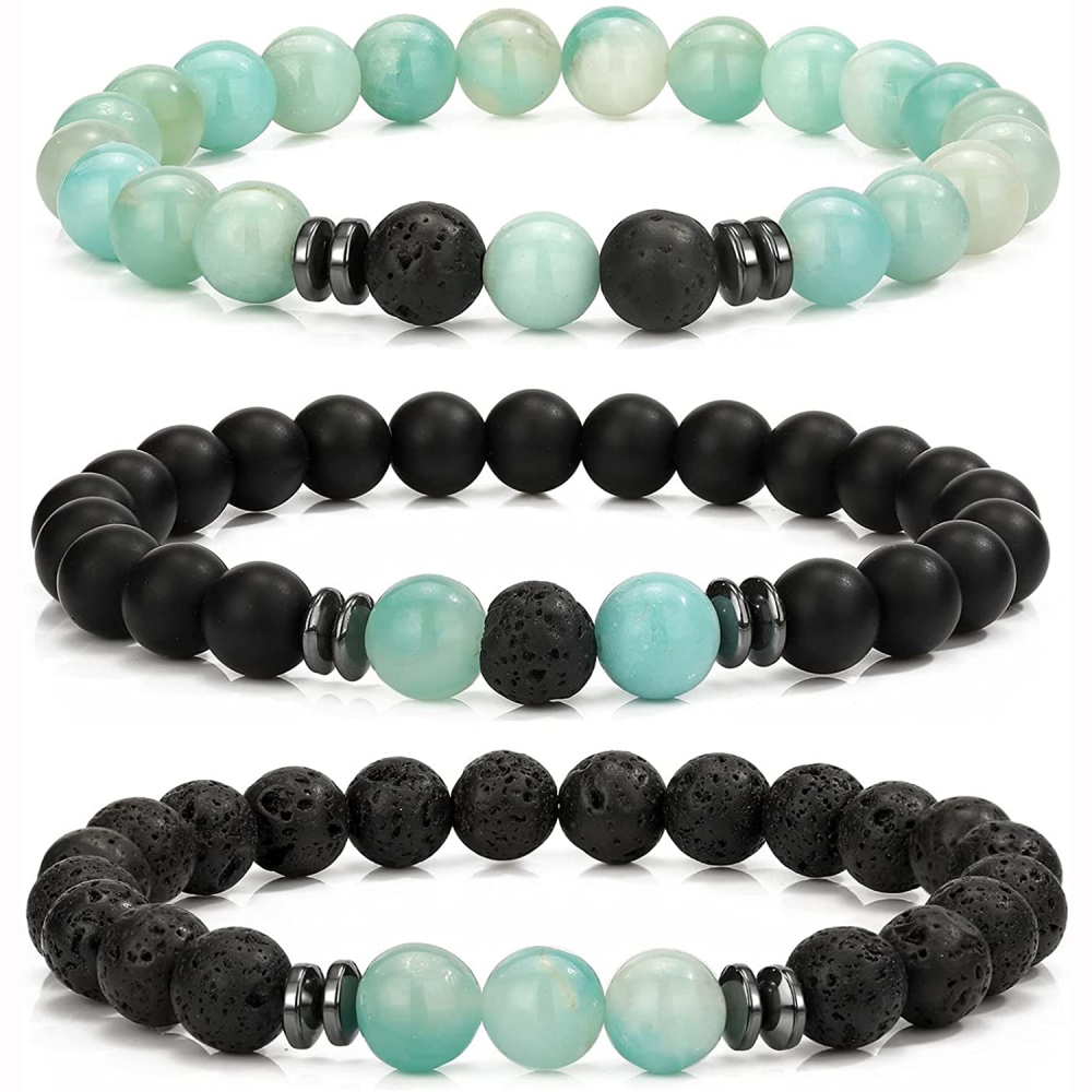 3PCS Set Mens Beaded Bracelets Matte Lava Rock Volcanic Stone Beads for Women Stretch Bracelet