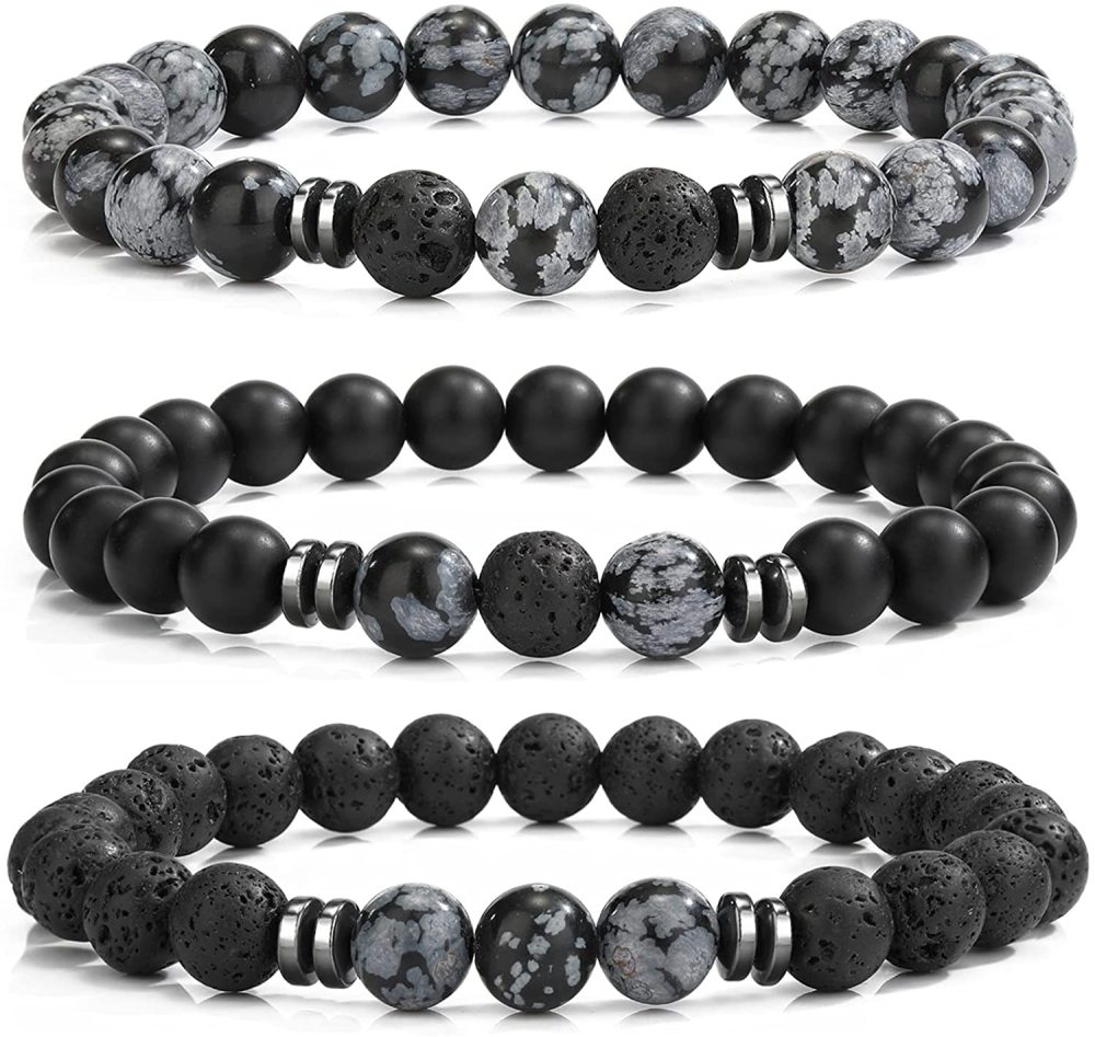 3PCS Set Mens Beaded Bracelets Matte Lava Rock Volcanic Stone Beads for Women Stretch Bracelet