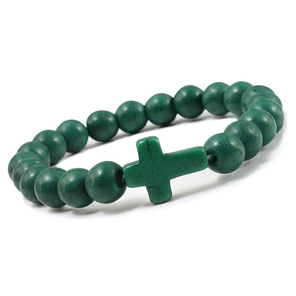 Turquoise Cross Bracelets for Women Men 8mm Natural Stone Stretch Elastic Chakra Jewelry