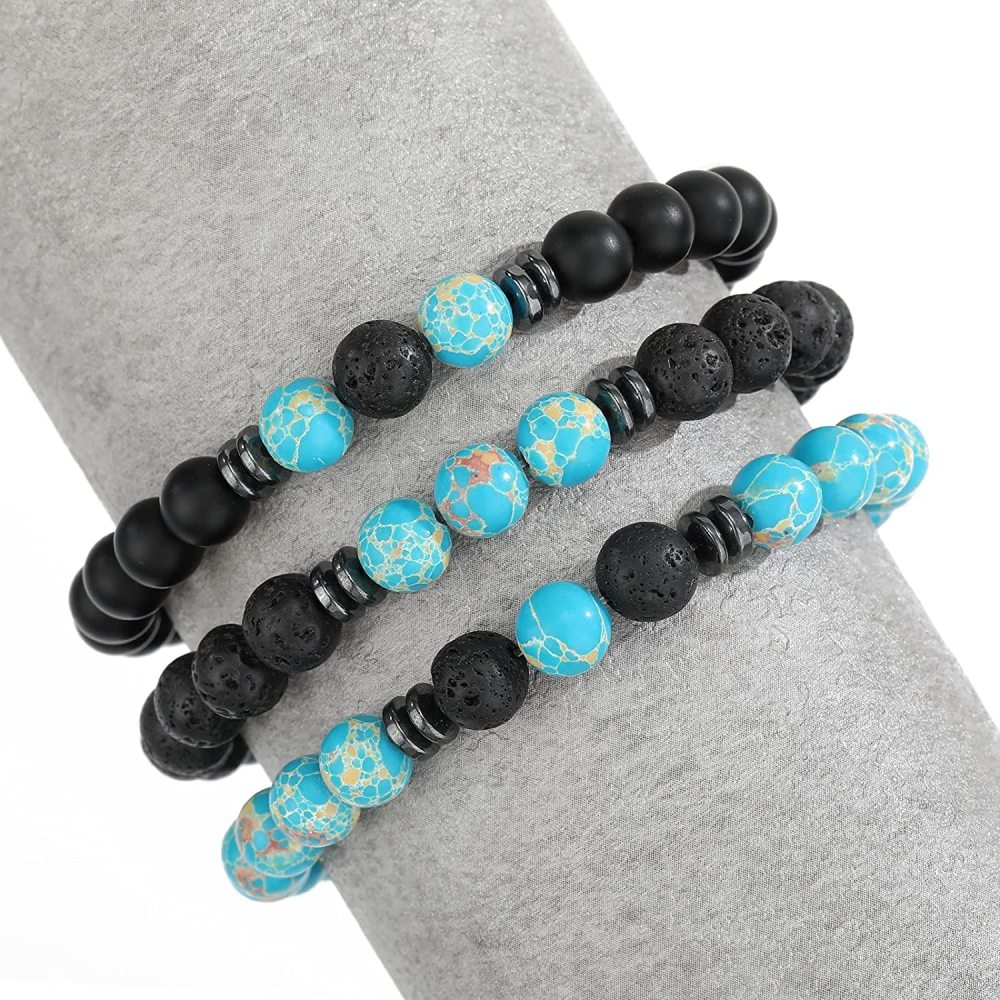 3PCS Set Mens Beaded Bracelets Matte Lava Rock Volcanic Stone Beads for Women Stretch Bracelet