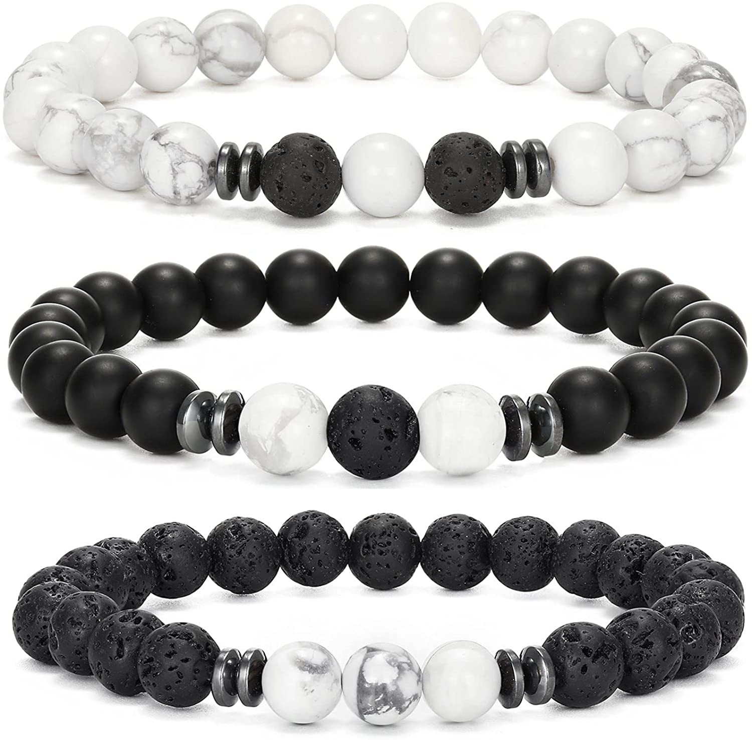 3PCS Set Mens Beaded Bracelets Matte Lava Rock Volcanic Stone Beads for Women Stretch Bracelet