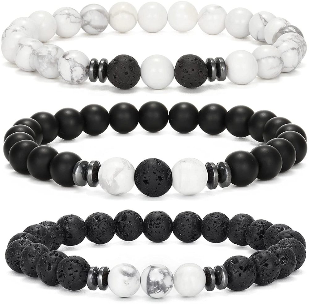 3PCS Set Mens Beaded Bracelets Matte Lava Rock Volcanic Stone Beads for Women Stretch Bracelet