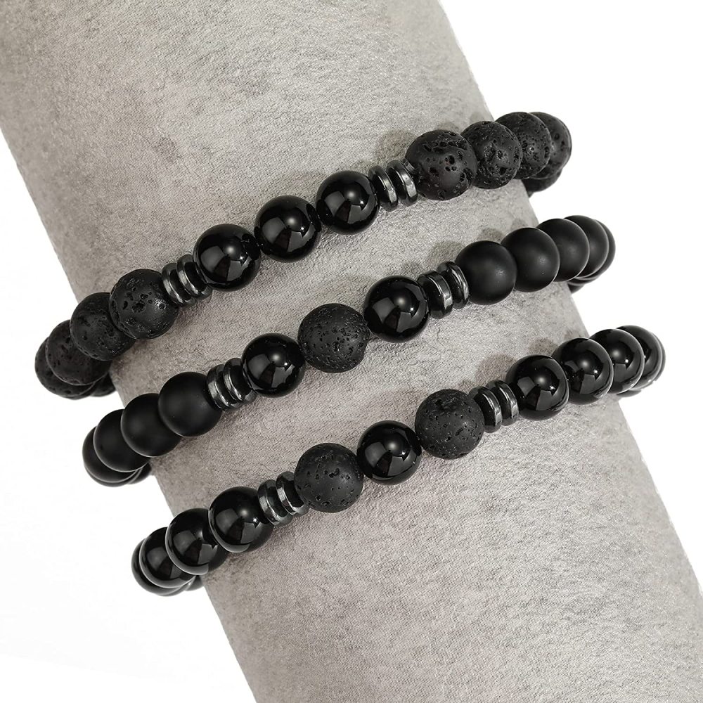 3PCS Set Mens Beaded Bracelets Matte Lava Rock Volcanic Stone Beads for Women Stretch Bracelet