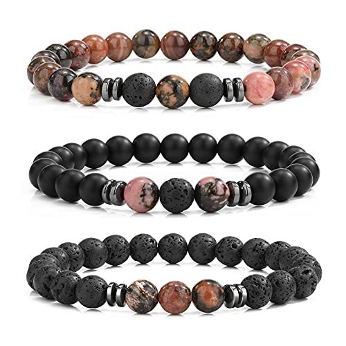 3PCS Set Mens Beaded Bracelets Matte Lava Rock Volcanic Stone Beads for Women Stretch Bracelet