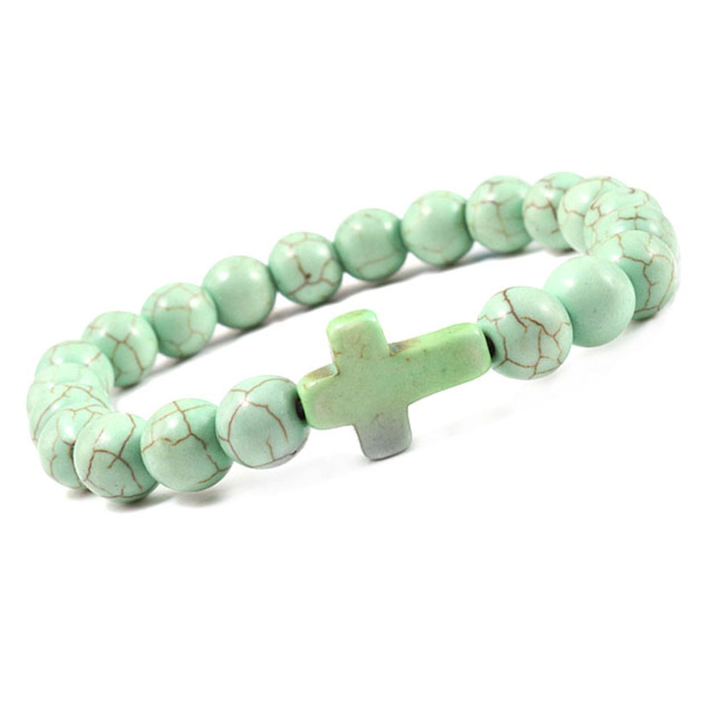 Turquoise Cross Bracelets for Women Men 8mm Natural Stone Stretch Elastic Chakra Jewelry