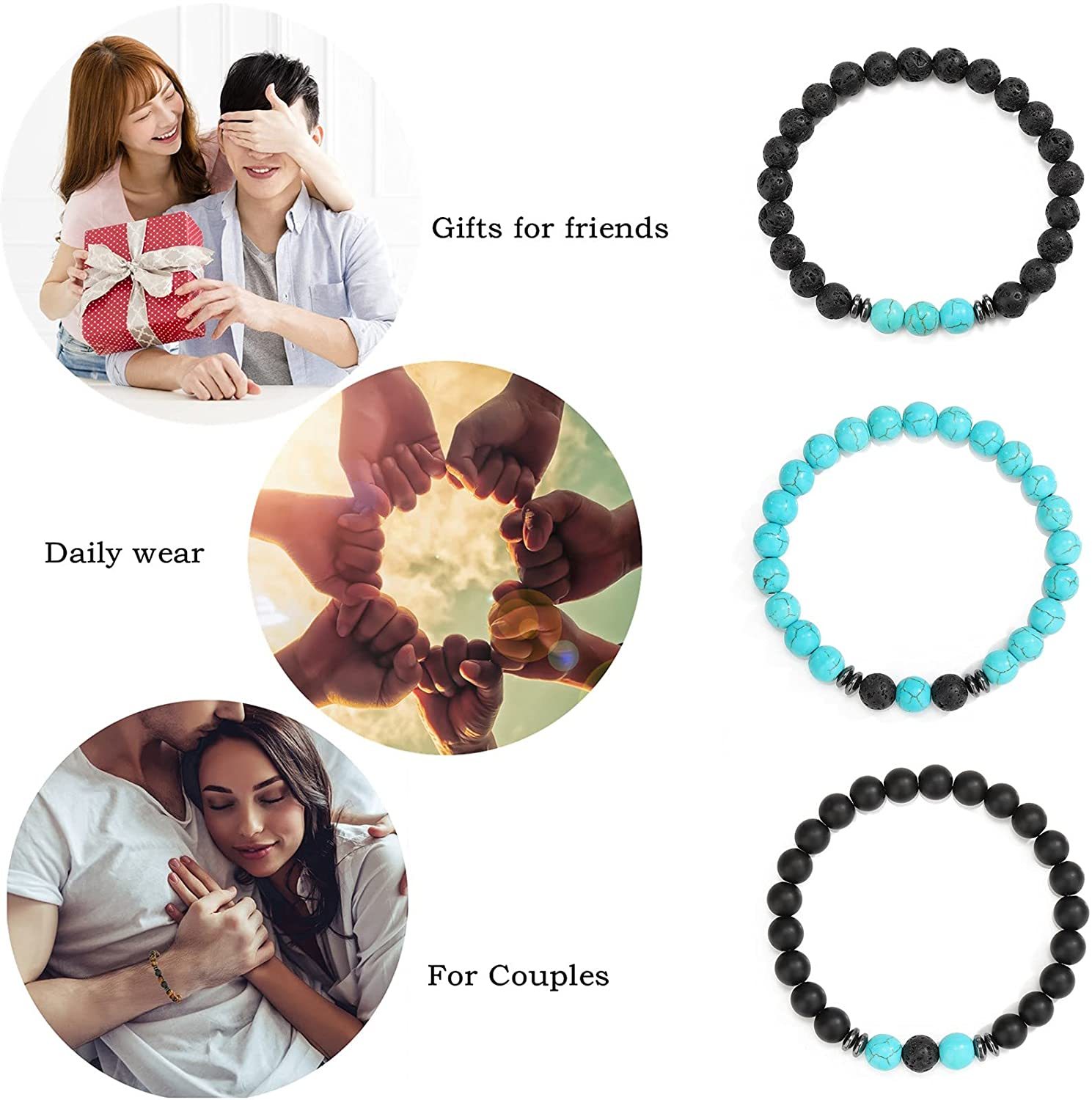 3PCS Set Mens Beaded Bracelets Matte Lava Rock Volcanic Stone Beads for Women Stretch Bracelet