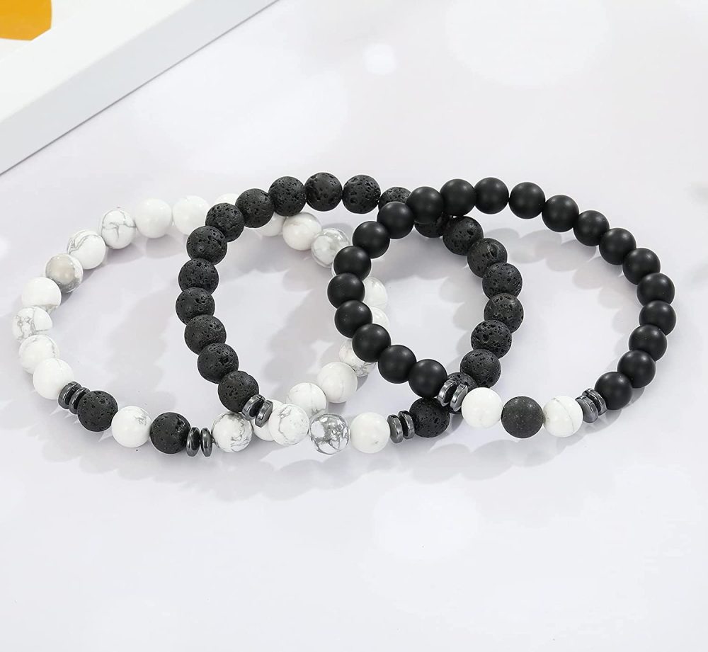 3PCS Set Mens Beaded Bracelets Matte Lava Rock Volcanic Stone Beads for Women Stretch Bracelet