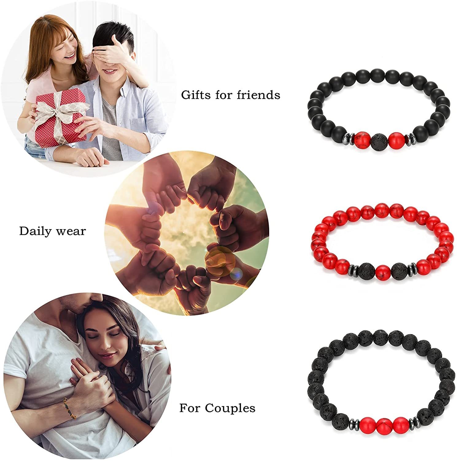 3PCS Set Mens Beaded Bracelets Matte Lava Rock Volcanic Stone Beads for Women Stretch Bracelet