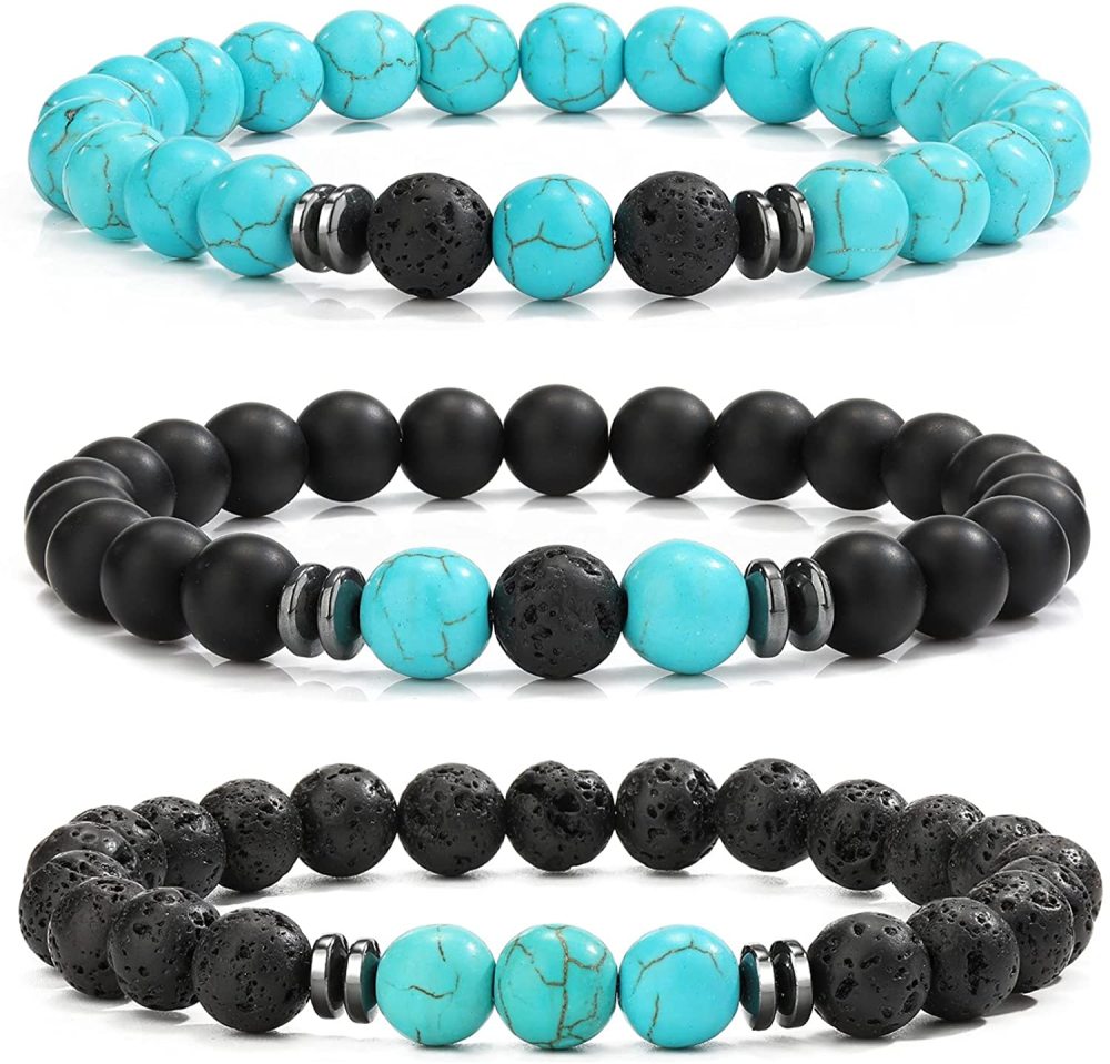 3PCS Set Mens Beaded Bracelets Matte Lava Rock Volcanic Stone Beads for Women Stretch Bracelet