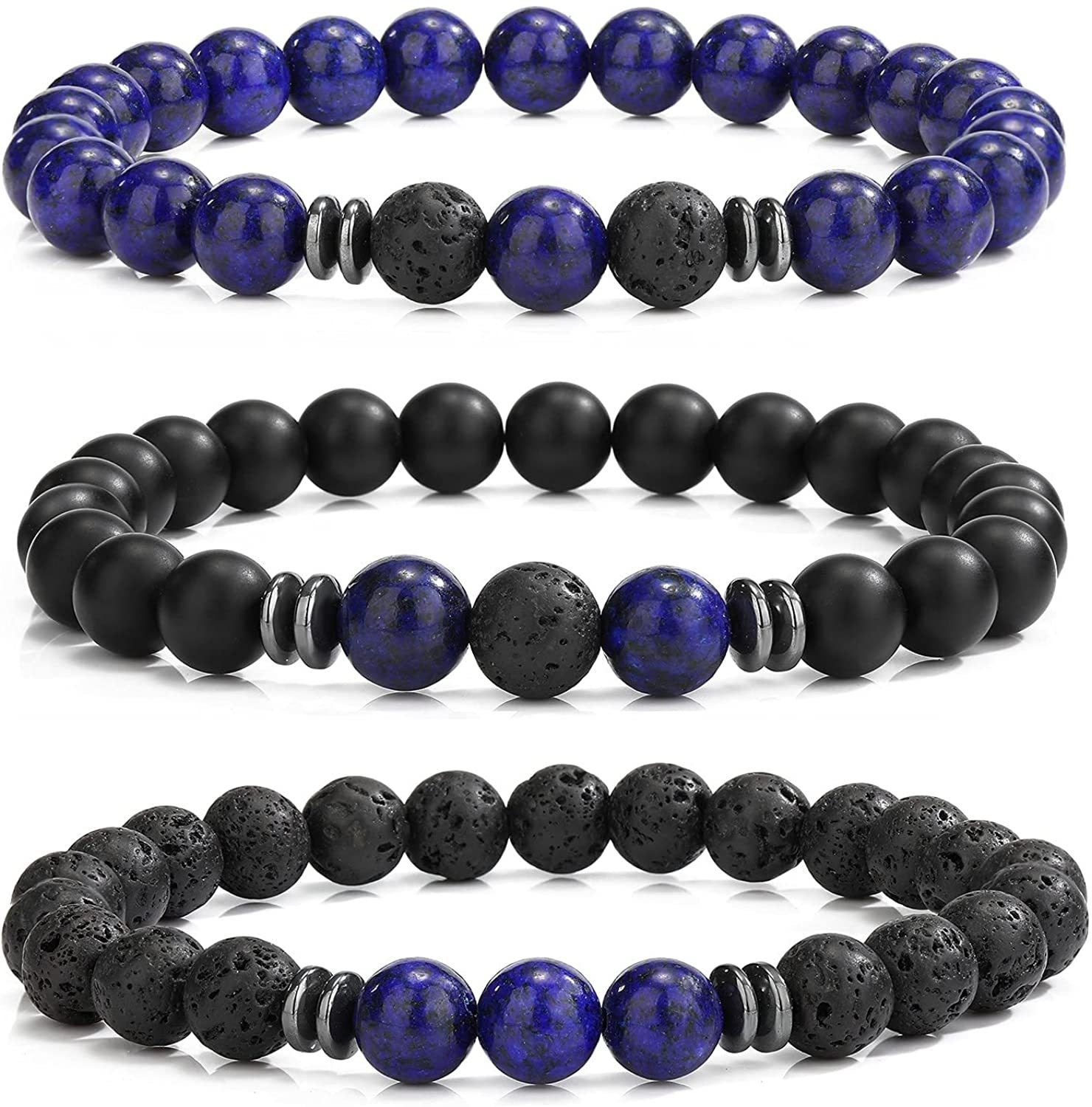 3PCS Set Mens Beaded Bracelets Matte Lava Rock Volcanic Stone Beads for Women Stretch Bracelet
