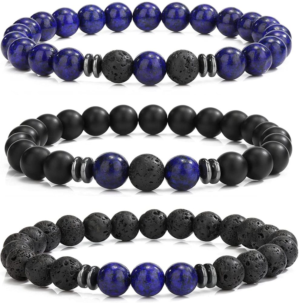 3PCS Set Mens Beaded Bracelets Matte Lava Rock Volcanic Stone Beads for Women Stretch Bracelet