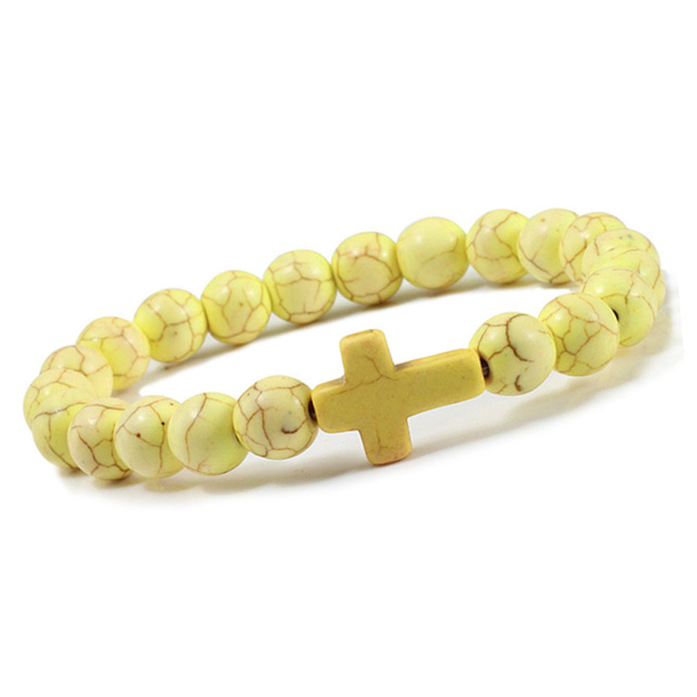 Turquoise Cross Bracelets for Women Men 8mm Natural Stone Stretch Elastic Chakra Jewelry