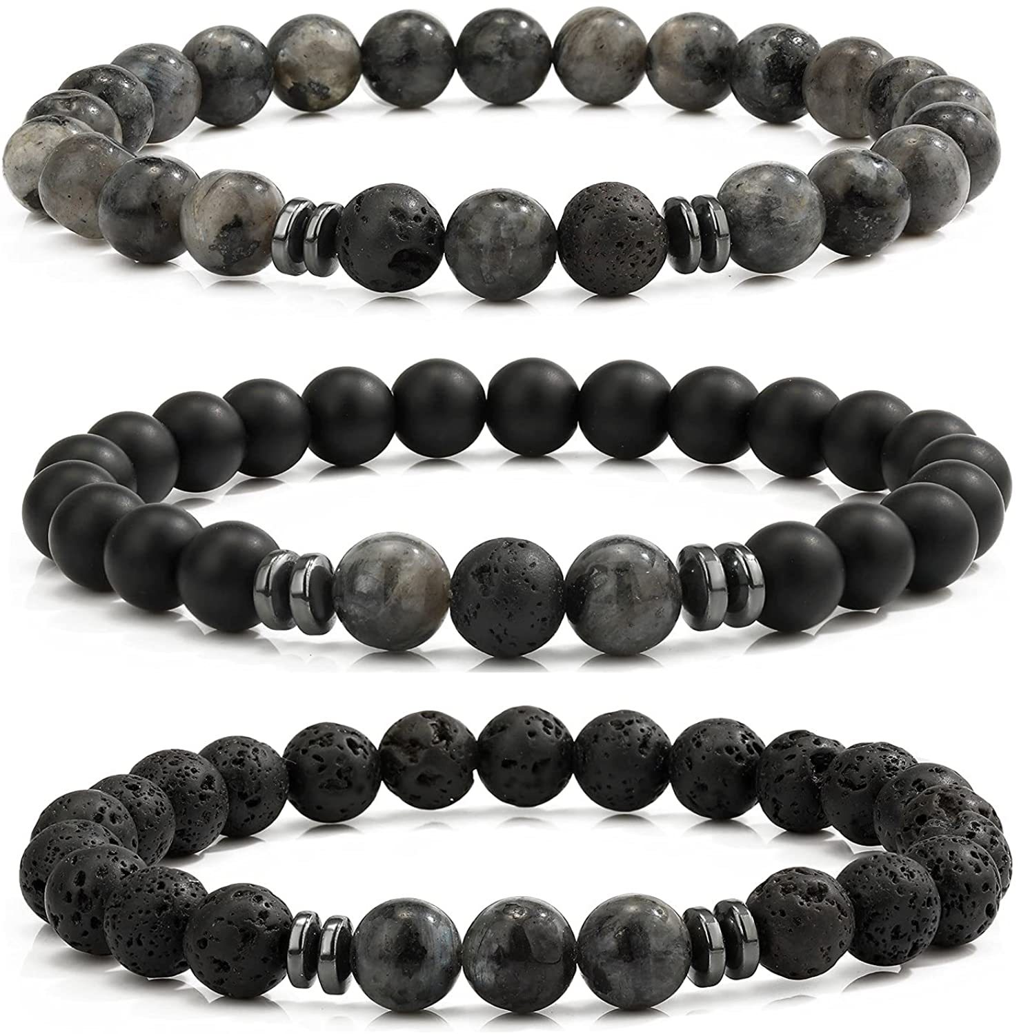3PCS Set Mens Beaded Bracelets Matte Lava Rock Volcanic Stone Beads for Women Stretch Bracelet