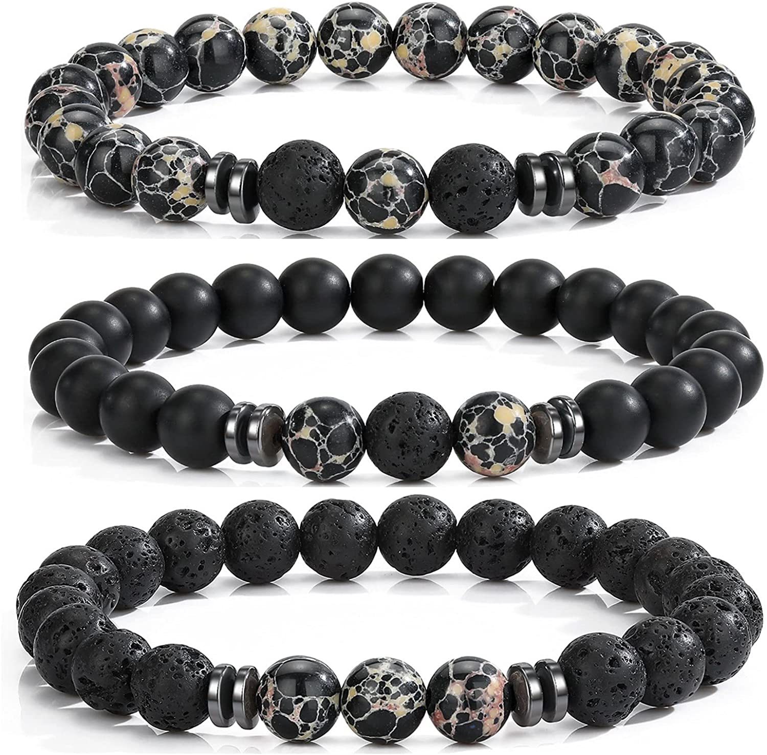 3PCS Set Mens Beaded Bracelets Matte Lava Rock Volcanic Stone Beads for Women Stretch Bracelet