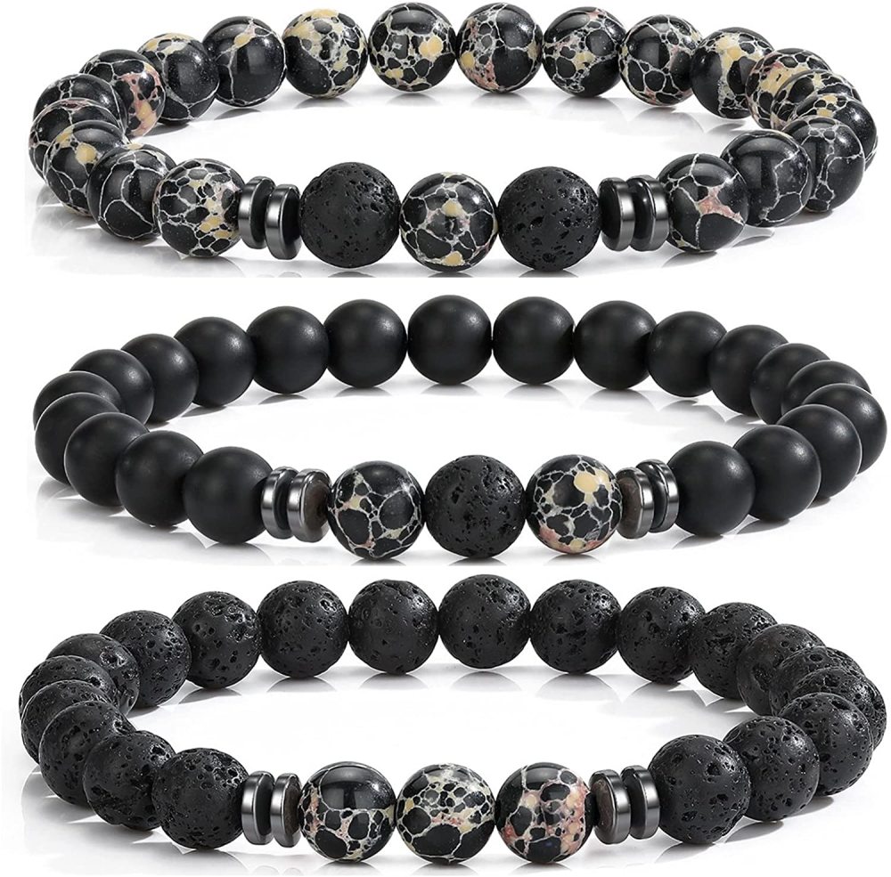3PCS Set Mens Beaded Bracelets Matte Lava Rock Volcanic Stone Beads for Women Stretch Bracelet