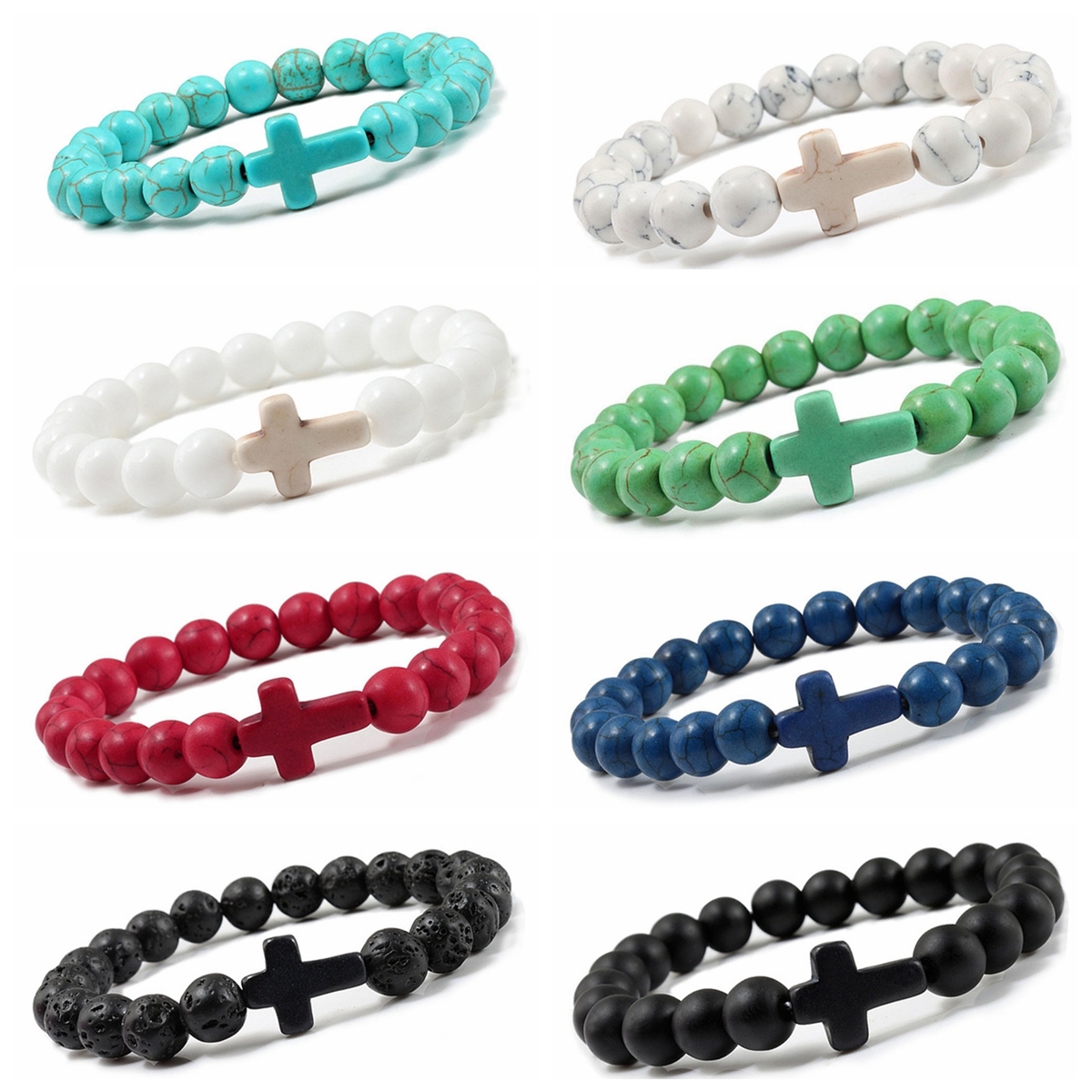 Cross Bracelets for Women Men 8mm Natural Stone Stretch Elastic Chakra Jewelry