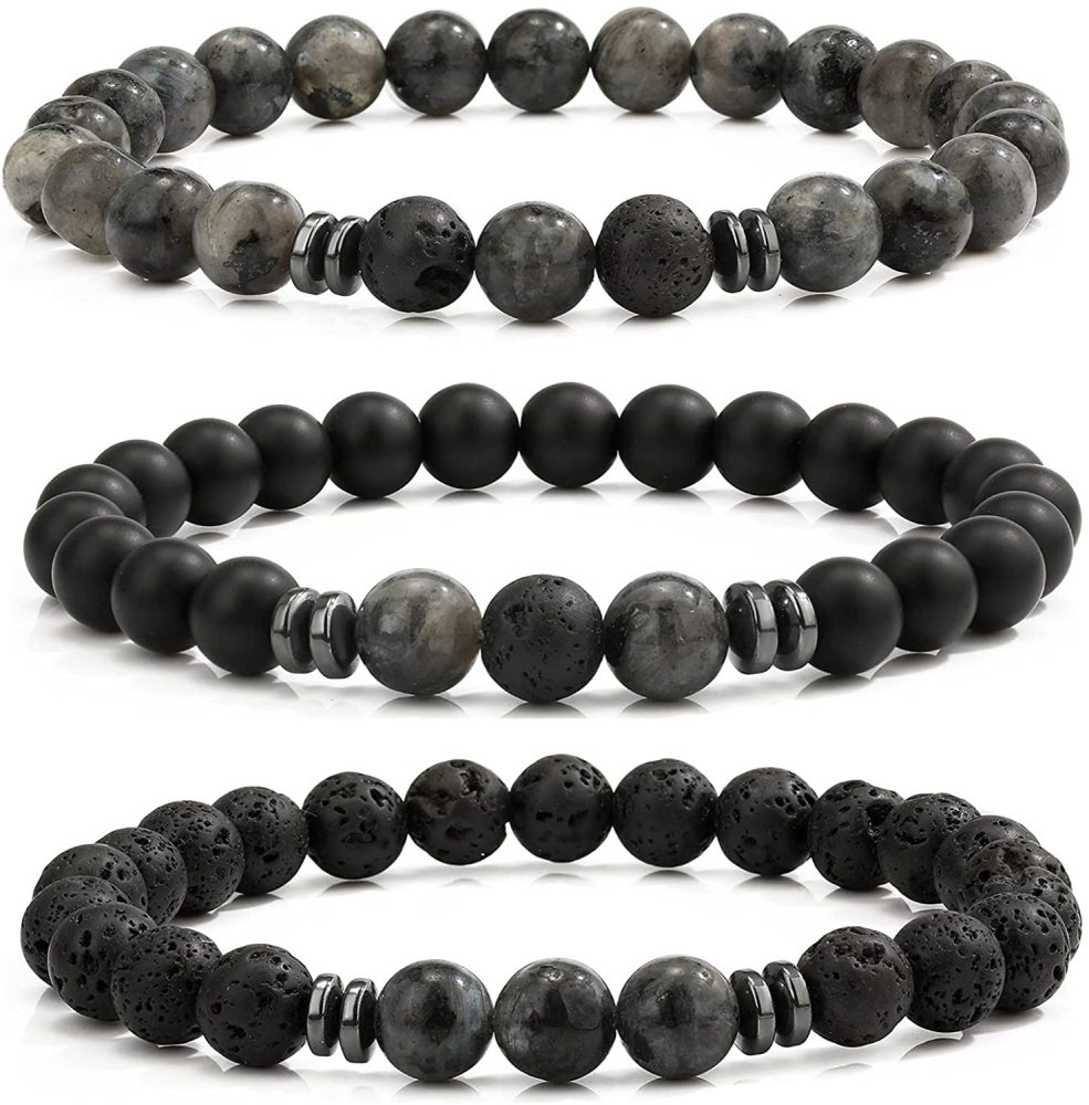 3PCS Set Mens Beaded Bracelets Matte Lava Rock Volcanic Stone Beads for Women Stretch Bracelet