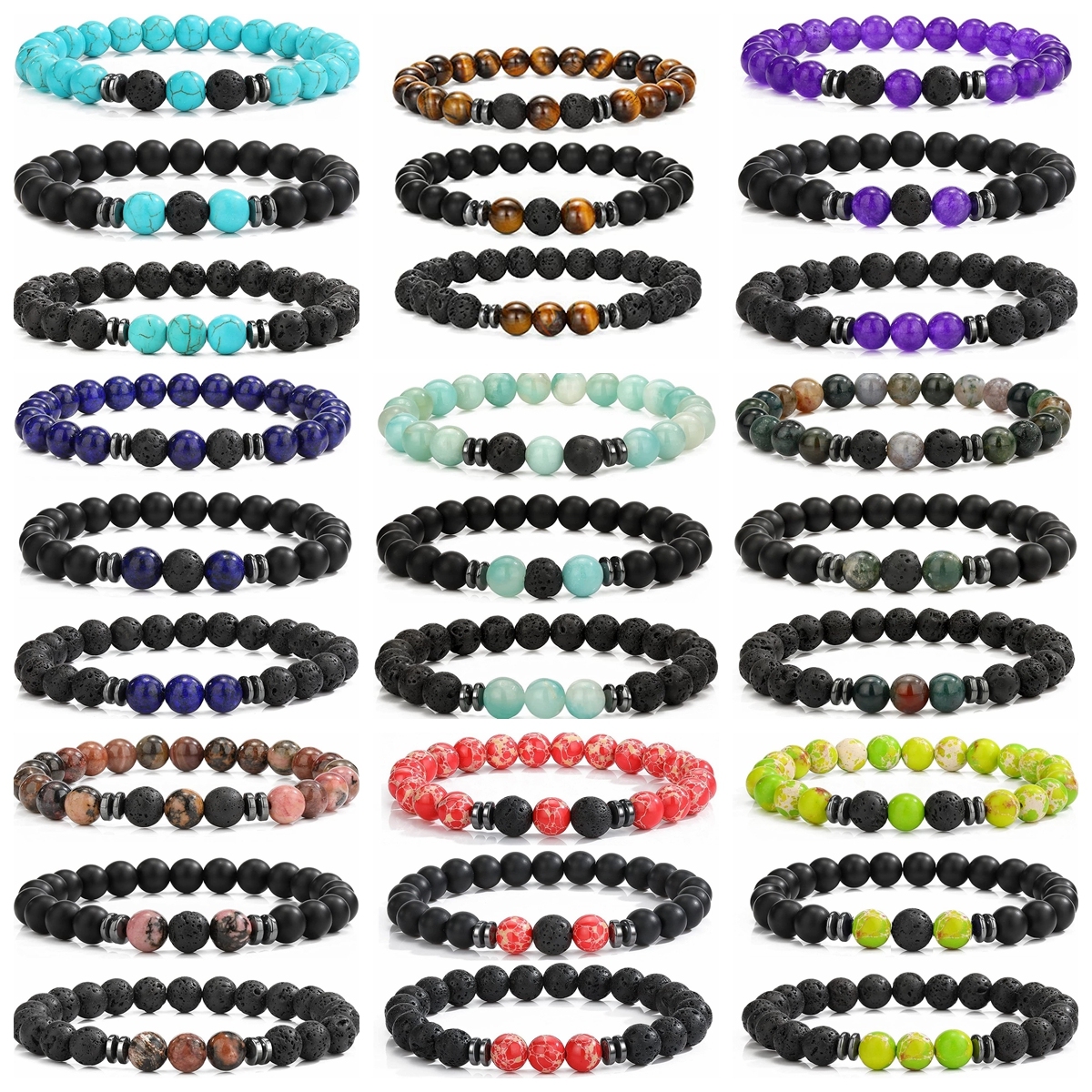3PCS Set Mens Beaded Bracelets Matte Lava Rock Volcanic Stone Beads for Women Stretch Bracelet