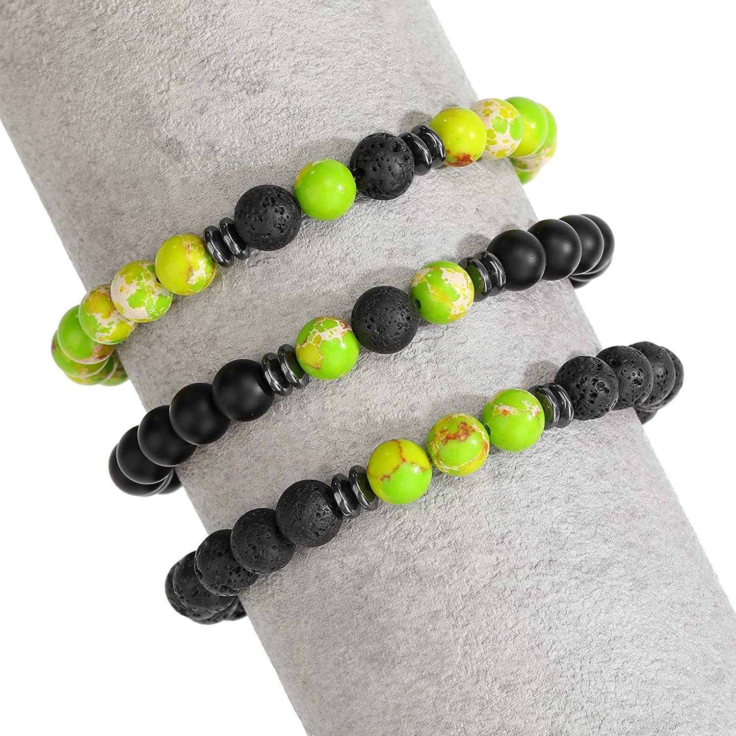 3PCS Set Mens Beaded Bracelets Matte Lava Rock Volcanic Stone Beads for Women Stretch Bracelet