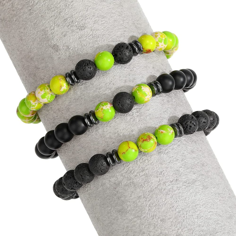 3PCS Set Mens Beaded Bracelets Matte Lava Rock Volcanic Stone Beads for Women Stretch Bracelet