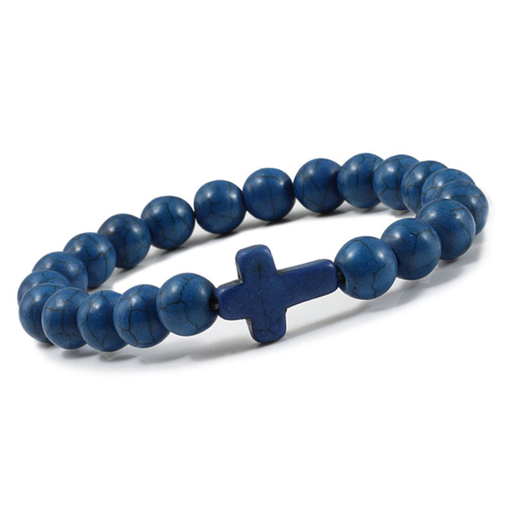 Turquoise Cross Bracelets for Women Men 8mm Natural Stone Stretch Elastic Chakra Jewelry